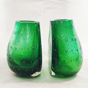 Mid-Century Modern Rare Green Erickson Blenko Art Glass Bookend Vases